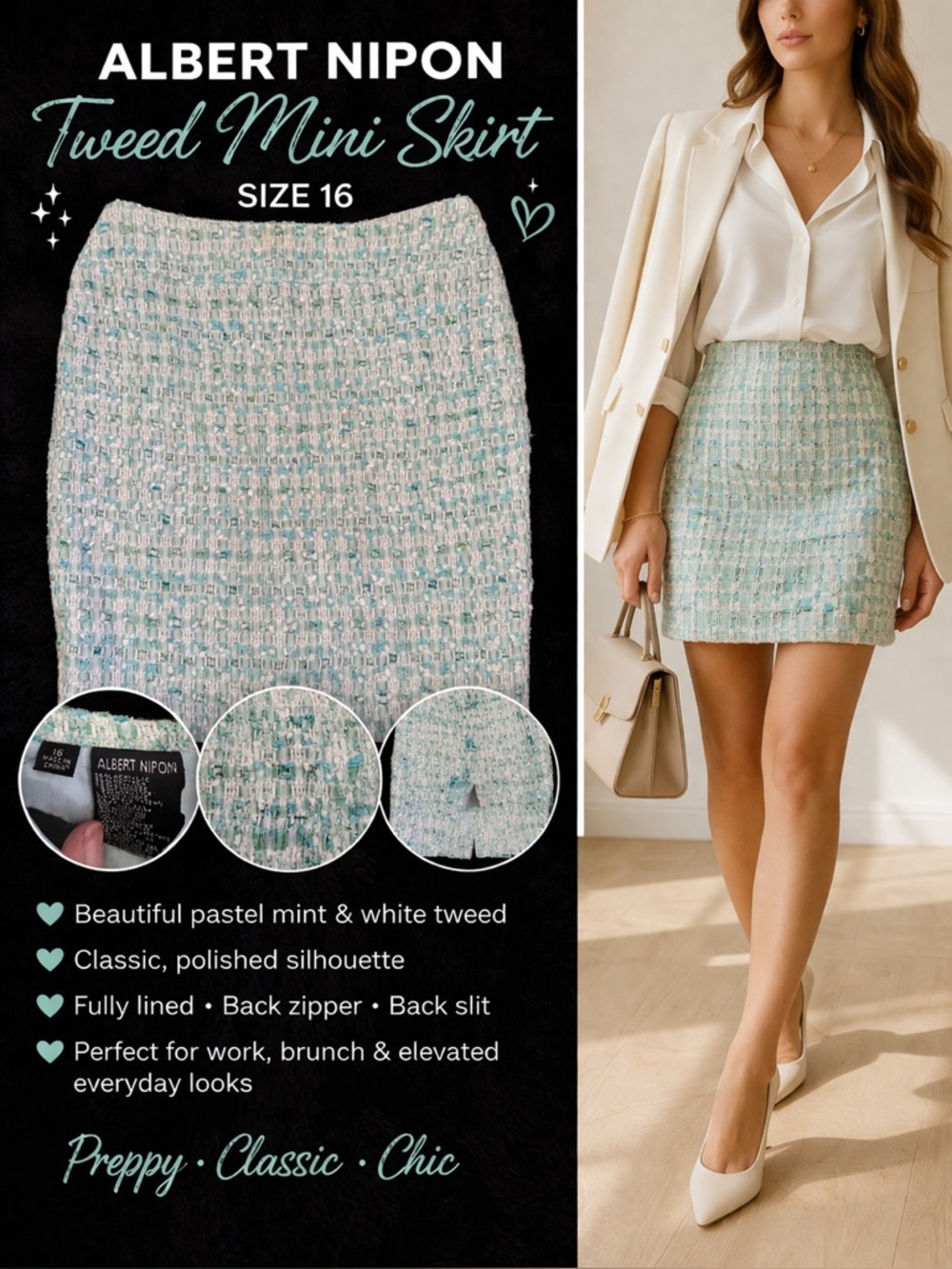Albert Nipon Tweed Skirt Size 16 Pastel Mint White Textured Classic Chic